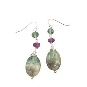 Seafoam Prehnite Pink Green Fluorite Dangle Earrings 925 Sterling Silver